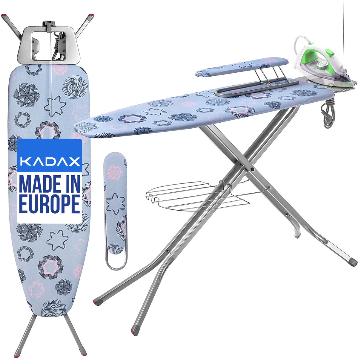 KADAX Strijktafel voor stoomstrijkijzer, inklapbare plank met ijzeren standaard, stopcontact, rek en in hoogte verstelbaar (120 x 38 cm, lichtblauw