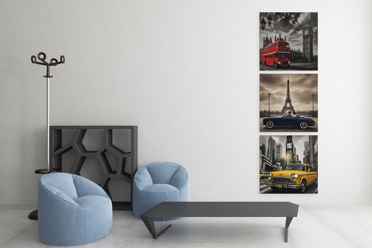 Trendex Global Drieluik Canvas Schilderij Wereldsteden – Londen Parijs en New York - 3x100x100 cm Kleurrijk