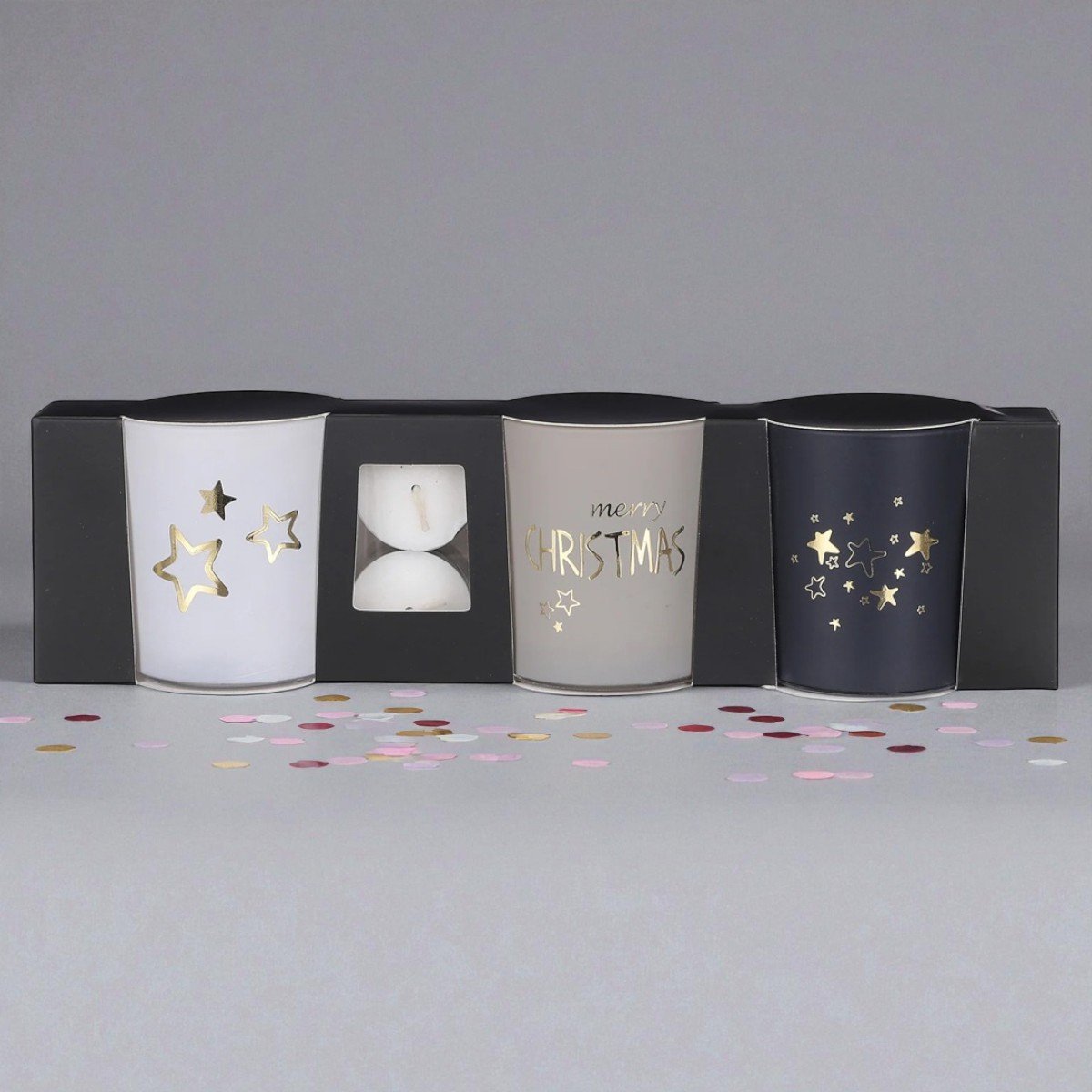 House of Seasons Theelichthouder - Set van 3 - H8 x Ø7 cm - Wit, Grijs, Zwart