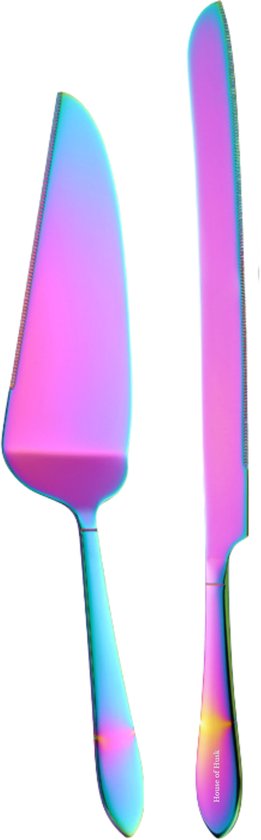 Een regenboogkleurige taartschep en een taartmes met regenboogafwerking.