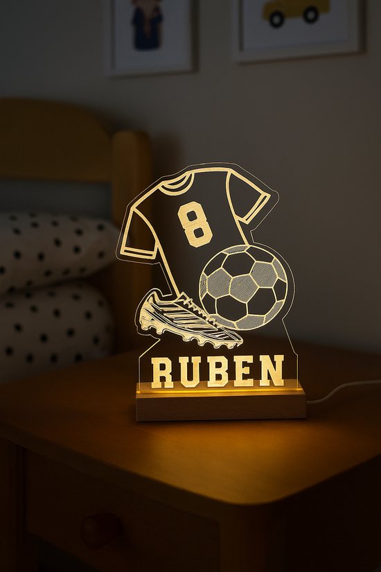 Lamp Voetbal met Naam - Gepersonaliseerd met eigen naam en gekozen rugnummer - Cadeau voor Kinderen & voetballiefhebbers - 11,5cm breed en 16cm hoog - voeding via USB - transparant doorzichtige lamp van Merkloos — afbeelding 3