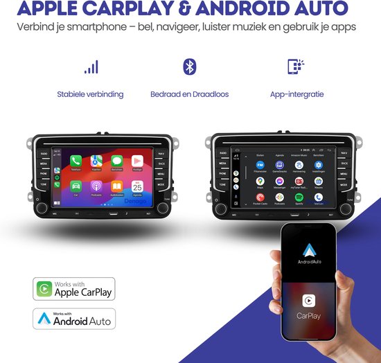 Twee autoradio's met app-schermen, links met Apple CarPlay en rechts met Android Auto en telefoon. Onderin tekst "Works with Apple CarPlay" en "Works with Android Auto".