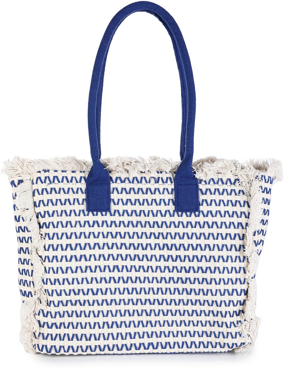 Shopper Tas - Handtas - Strandtas - Geweven - Trendy Tas - Met Open Top + Ritssluiting + Extra Ritsvakje - Creme/Blauw