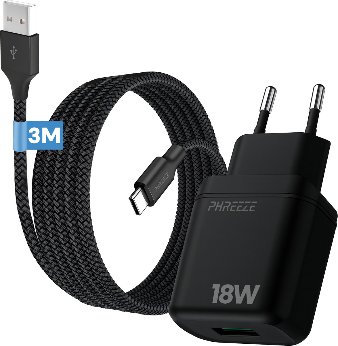 Phreeze usb adapter 18w - Usb A naar usb C kabel - 3 meter - Zwart