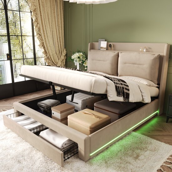 160x200 Cm Bed Met LED-verlichting En USB-poort, Opbergbed Met Lades Bedframe Met Lattenbodem En Hoofdeinde Tweepersoonsbed Linnen Zwart