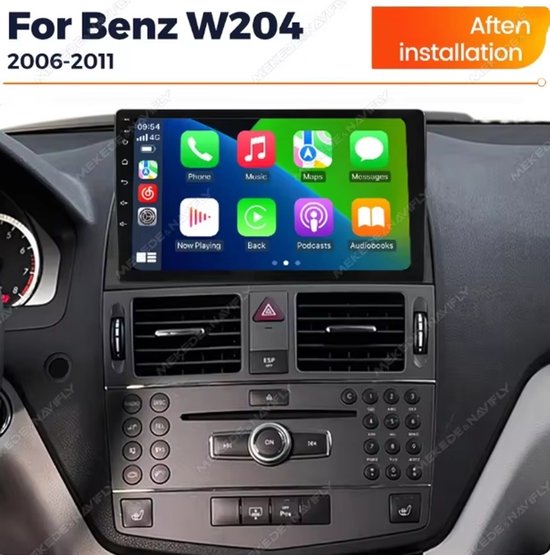 Autoradio - 9 inch Android 13, 2+32 GB - Met GPS, DAB+, wifi en USB-navigatie Vier camera's + microfoon Ondersteunt CarPlay – Geschikt voor Mercedes-Benz C-Klasse W204 S204