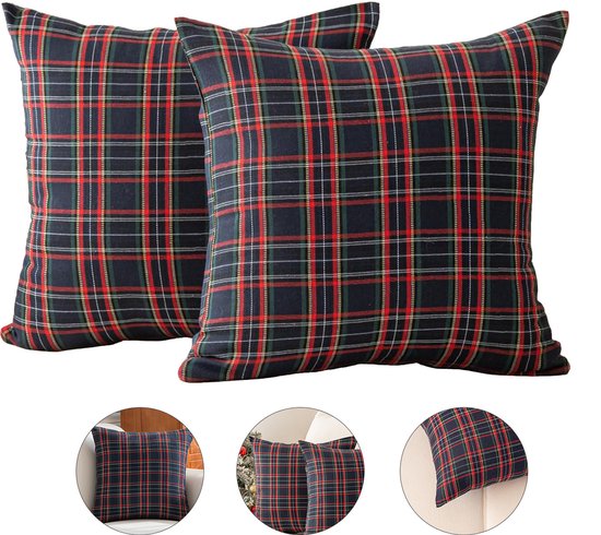 Taie d'oreiller de Noël carrée (lot de 2) - Motif à carreaux écossais - 45 x 45 cm - Taie d'oreiller seule - Décoration de Noël - Style champêtre - Convient pour canapés, chambres, salons, bureaux et accessoires de décoration - Bleu foncé