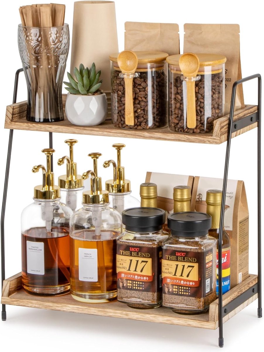 PromoHome 2-laags Keuken Organizer voor keuken Accessoires - Beige Houten Planken met Metaal Frame