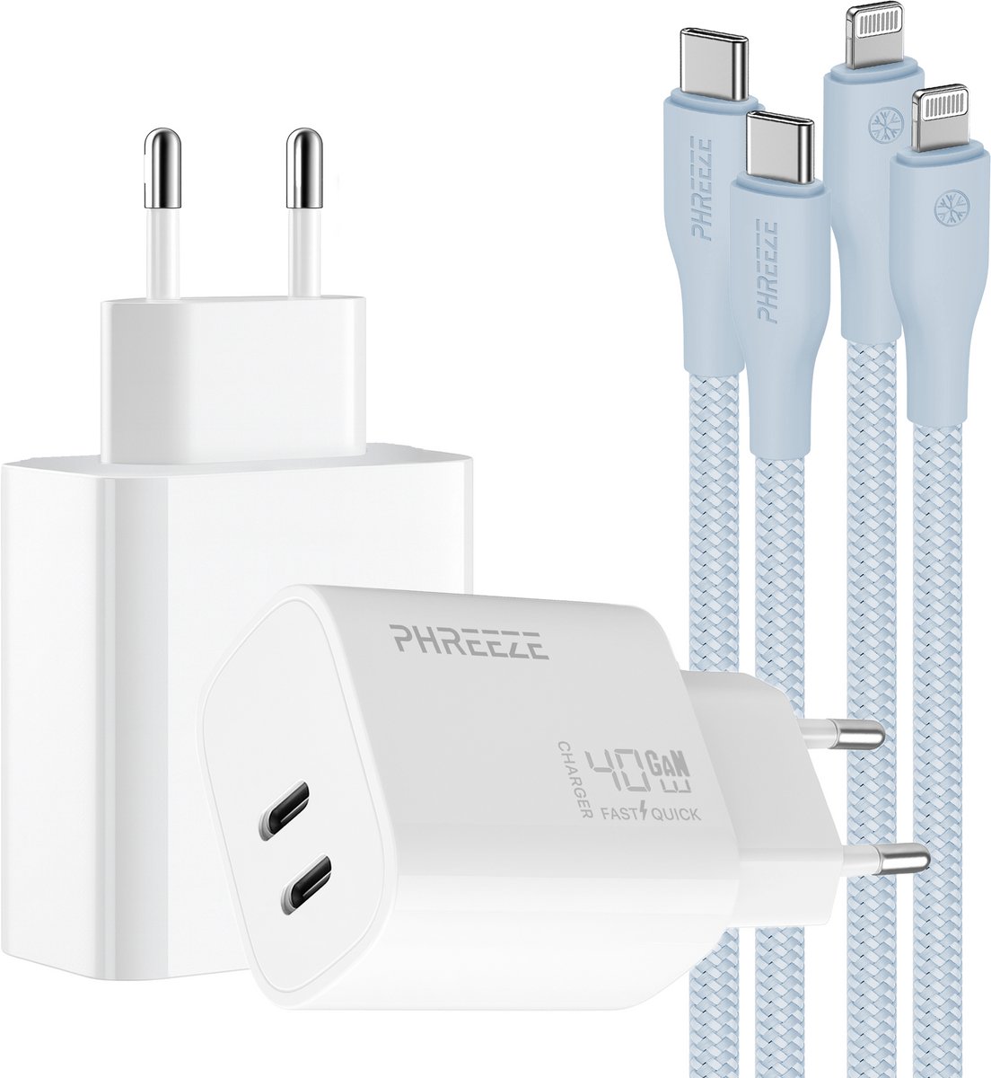 Phreeze usb C oplaadset 40 W - Geschikt voor iPhone 14 13 12 11 X en iPad met Lightning kabel blauw - Snellader met 2 kabels