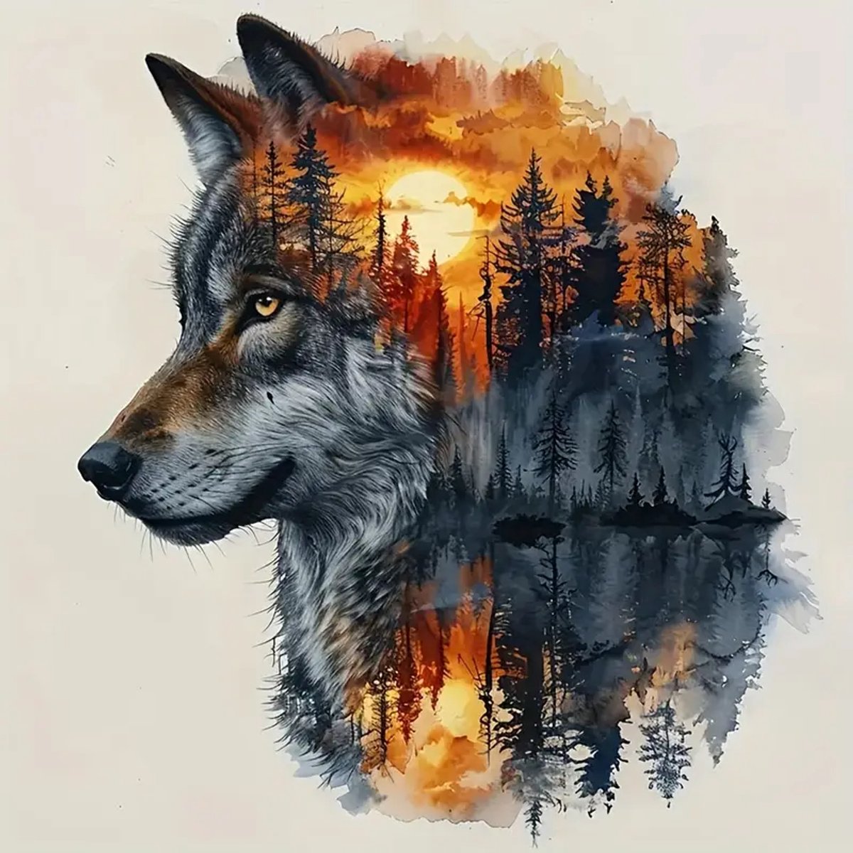 5D Diamond Painting Wolf bij Zonsondergang - Complete DIY Mozaïek Set voor Volwassenen & Kinderen - Inclusief Gekleurde Steentjes, Canvas, Pen, Lijm & Bakje - Ontspannende Knutsel Activiteit & Creatieve Decoratie voor Thuis of als Cadeau