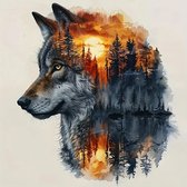 Diamond painting van een wolfenkop met zonsondergang, bomen en water. Unieke kunst in dubbele belichting.