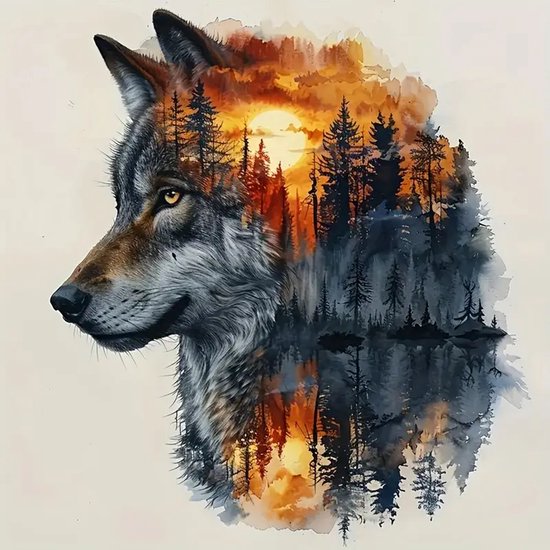 5D Diamond Painting Wolf bij Zonsondergang - Complete DIY Mozaïek Set voor Volwassenen & Kinderen - Inclusief Gekleurde Steentjes, Canvas, Pen, Lijm & Bakje - Ontspannende Knutsel Activiteit & Creatieve Decoratie voor Thuis of als Cadeau
