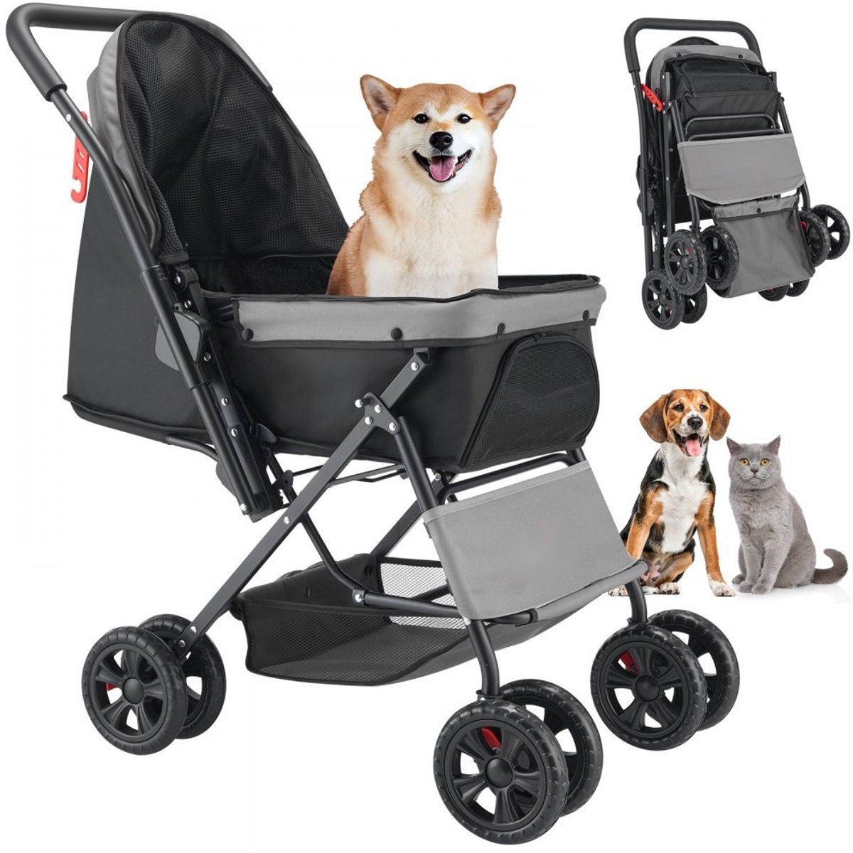 Hondenbuggy - Opvouwbare Hondenwagen - Draagvermogen 20 kg - 4 Wielen - Gaasvensters - Omkeerbare Handgreep - Rem - Voor Kleine tot Middelgrote Huisdieren