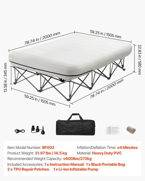 2-persoons luchtbed - Opblaasbaar matras met frame - Met pomp en roltas - Snel opblaasbaar - Draagvermogen 272 kg - Afmeting 200 x 150,5 x 58 cm - Voor thuis, logees en camping — afbeelding 4