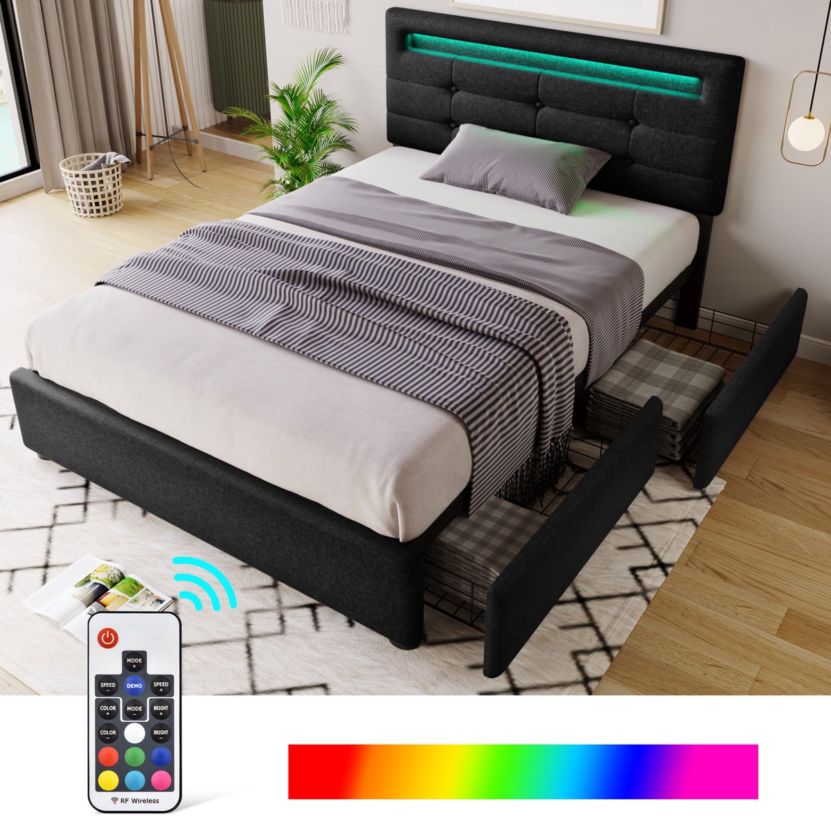 OKWISH Gestoffeerd Bed 90x200 - Bed met Opbergruimte en 2 Lades - LED Verlichting - Metaal - Zwart(Geen matras)
