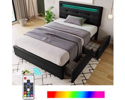 OKWISH Gestoffeerd Bed 90x200 - Bed met Opbergruimte en 2 Lades - LED Verlichting - Metaal - Zwart（Geen matras）