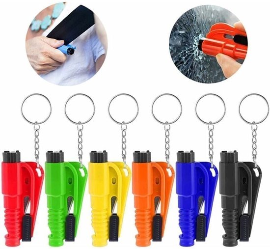Lot de 6 - Brise-vitre 3 en 1 pour voiture - Porte-clés avec brise-vitre intégré - Outil de survie multifonctionnel - Outil d'urgence avec fonctions de bris de vitre et de découpe sécurisée
