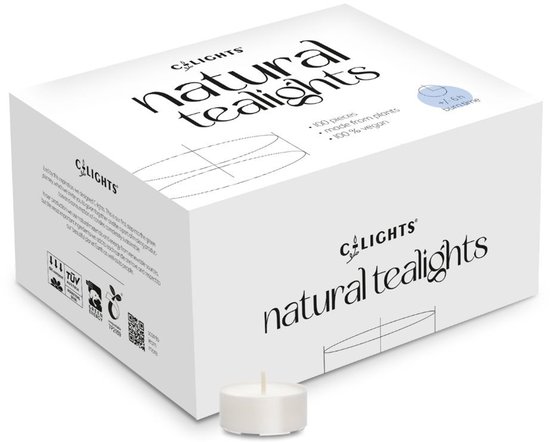 Doos met 100 C-lights natuurlijke theelichtjes, gemaakt van planten, 100% vegan.