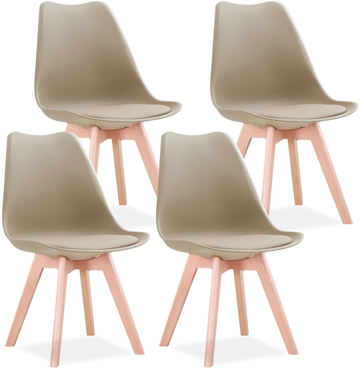 Trendique - Eetkamerstoelen - Set van 4 - Kuipstoelen - Gewatteerd - Scandinavisch design - Houten poten - Beige - 47x48x82 cm
