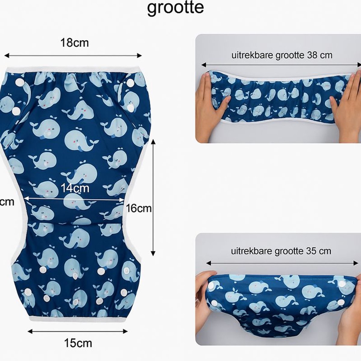 BZNDR® - Zwemluier walvis - 0 - 3 jaar - 5 t/m 18 kg - Wasbaar - Zwemluier baby — afbeelding 2