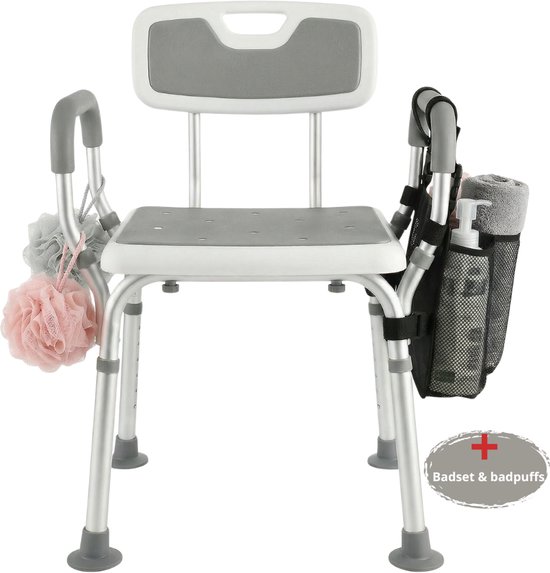 BY JRM® Douchestoel en Douchekruk met afneembare rugleuning en armleuning – 30 dagen uitproberen - anti slip – verstelbare hoogte - douchekrukje - Grijs