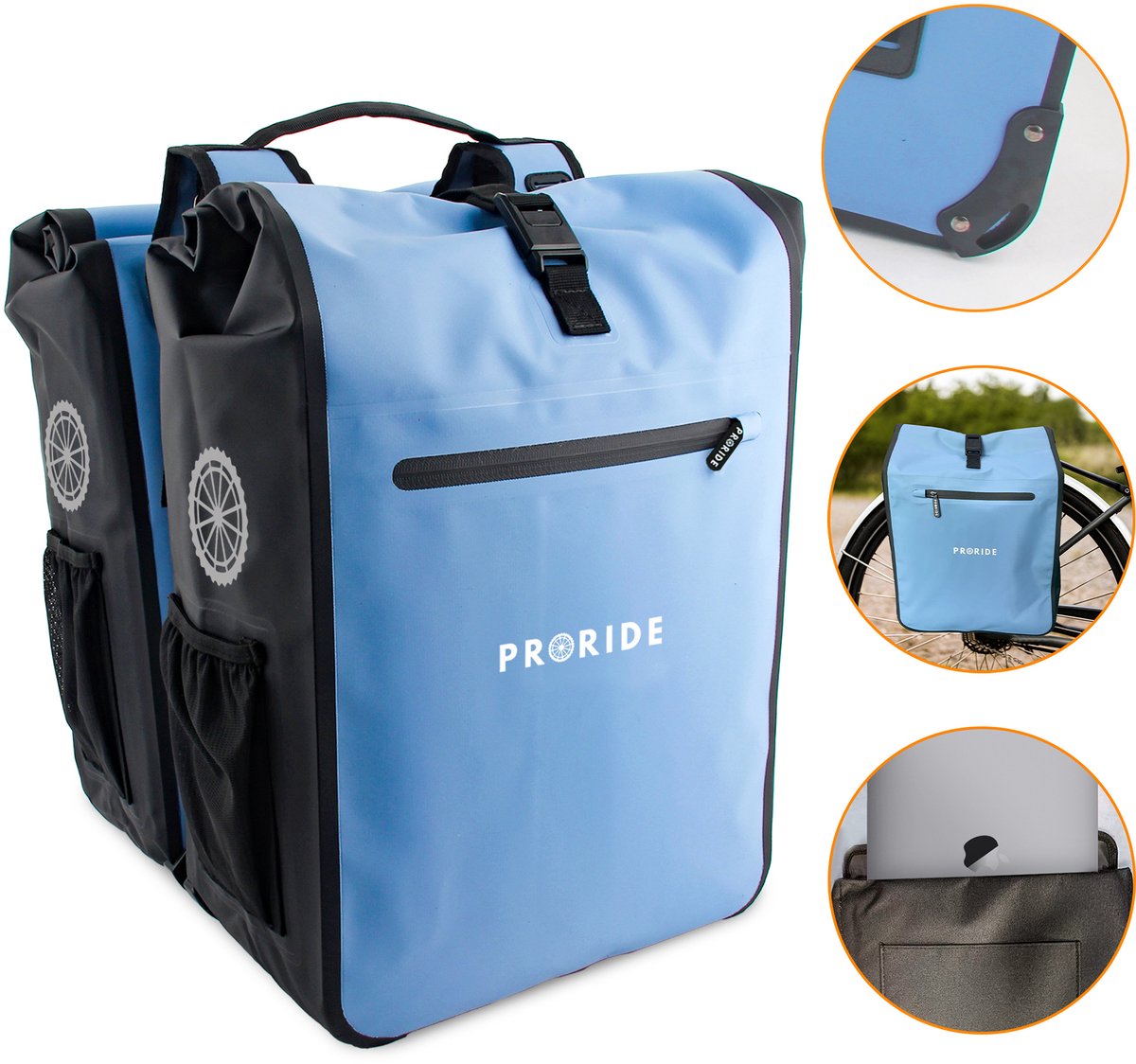 Proride® Dubbele Fietstas Rolltop - Fietstassen Electrische Fietsen - 40L - Blauw - Geschikt voor MIK adapter - 100% Waterdicht - Elektrische Fiets - Fietszakken