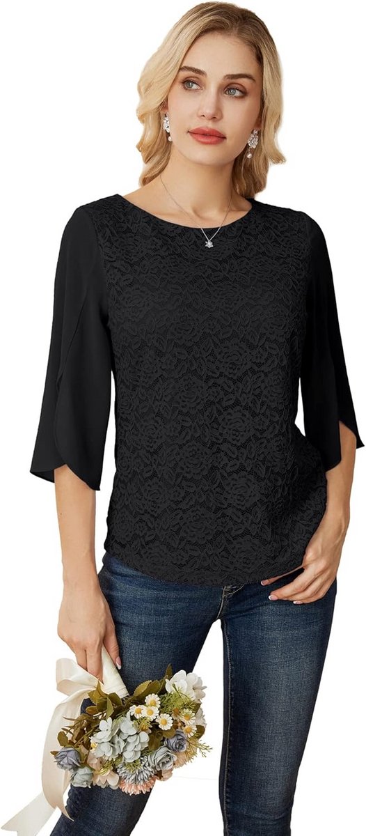 Damesshirt met Glanzende Paillettenprint - Ronde Hals - 3/4 Mouwen met Split - Feestelijk Top