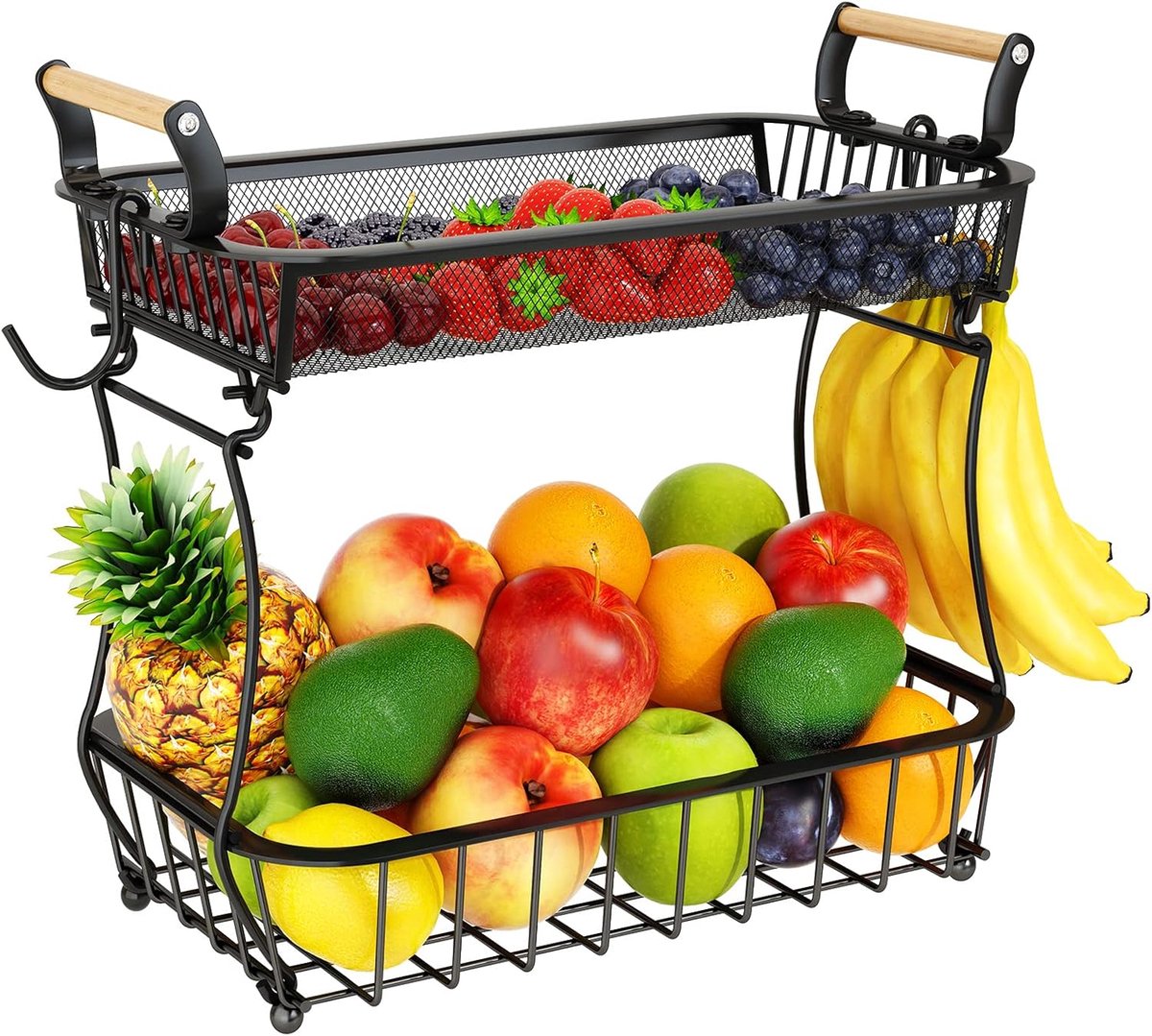 Famanu - 2-laagse fruitschaal met dubbele bananenhaak, grote metalen fruitmand zwart
