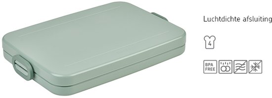 Lichtgroene Mepal lunchtrommel, BPA-vrij, met informatie over luchtdichte afsluiting en gebruik.