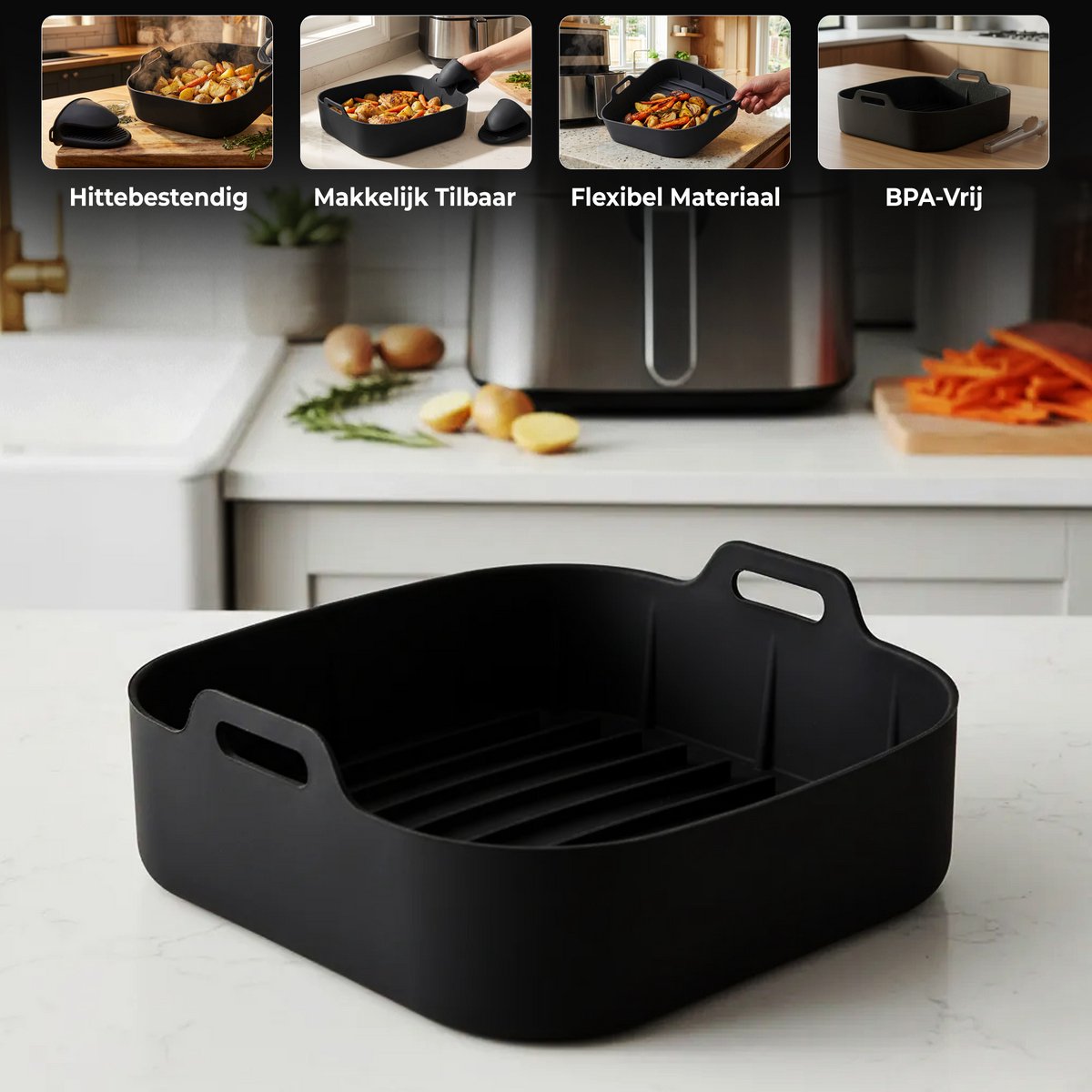 HI NATURE™ Airfryer accessoires - Airfryer siliconen bakje vierkant set inclusief Wanten voor Airfryer XXL - Siliconen ovenschaal BPA Vrij Accessoires Heteluchtfriteuse Bakvormen – Bakpapier Alternatief - Mand Bakvorm - 20 CM (Zwart) — afbeelding 2