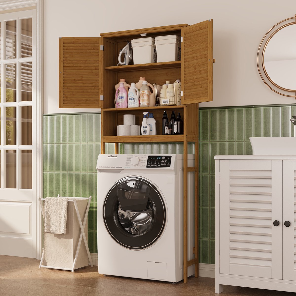 Bealife AP03 Wasmachinekast voor Wasmachine en Droger - Hoge Badkamerkast met Deuren - Toi