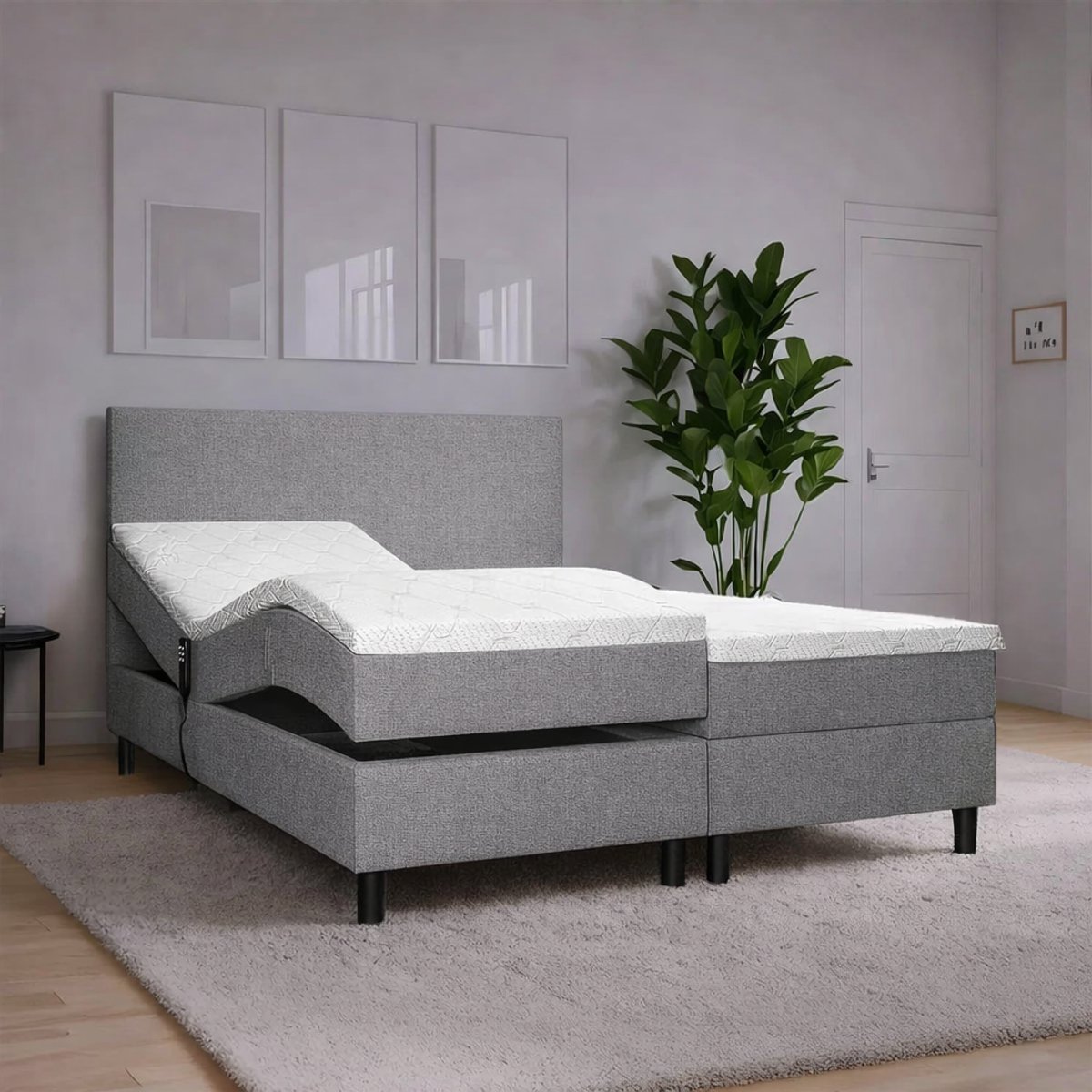 Elektrische Boxspring Simpel - 180x200 - Grijs - Pocketvering - Stof - Inclusief Splittopper - Bed compleet