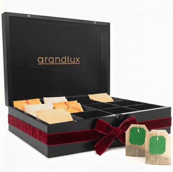 Grandlux Theedoos 12 Vaks - Magneetsluiting - Ruime Vakken voor Pickwick, Pukka, Twinings, Clipper - Zwart