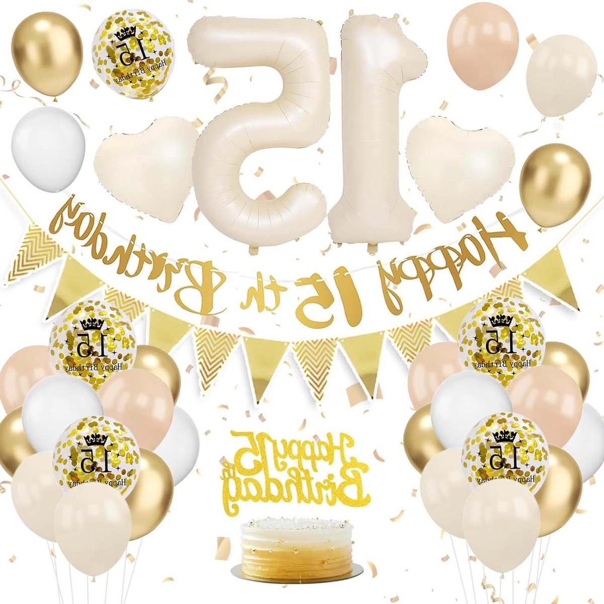 Ronte - Zand Witgoud 15e verjaardag decoraties voor meisjes met ballonnen, banner, taarttoppers. Roze feestartikelen voor verjaardagsfeest - Nummer 15 thema.