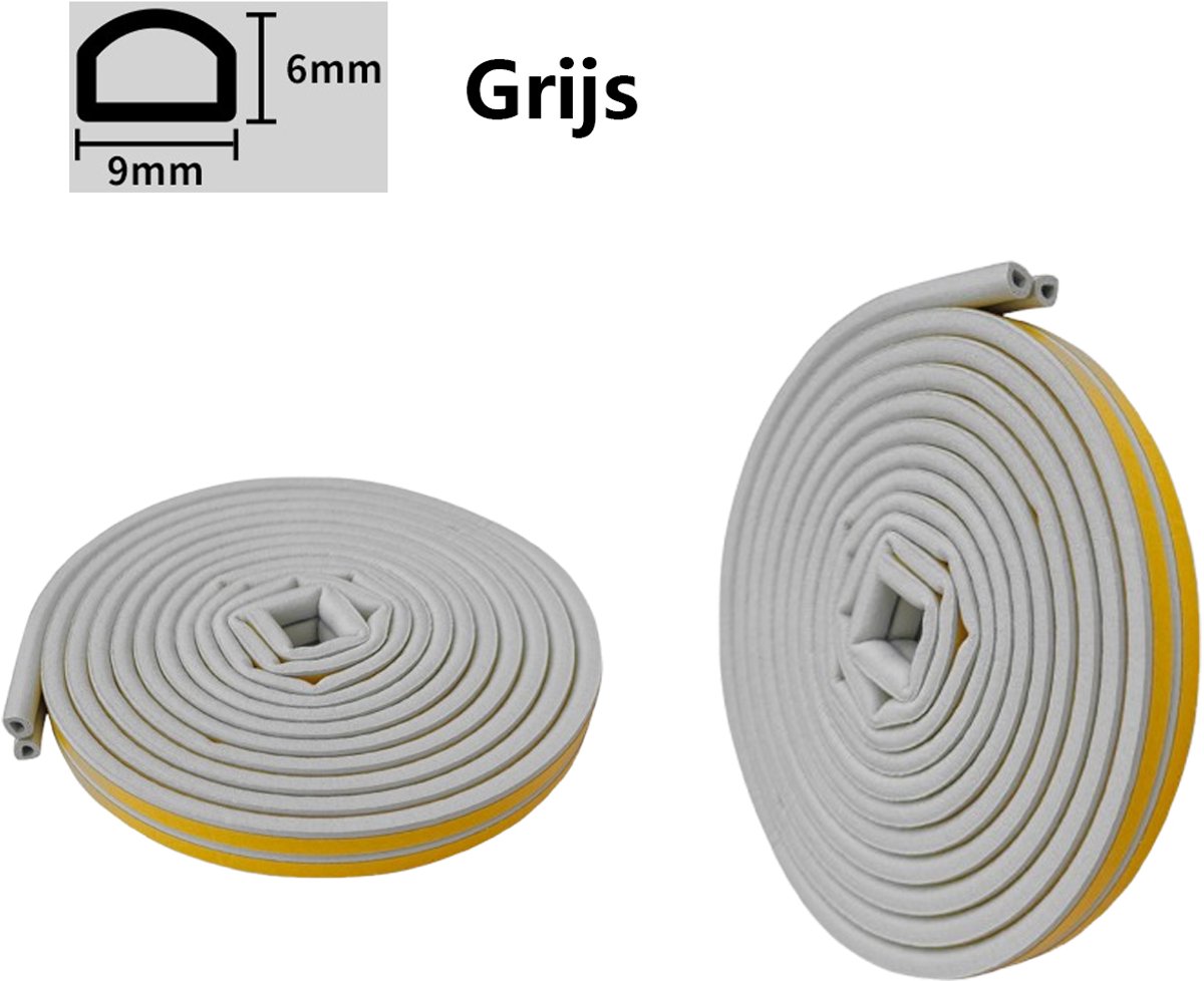 2 rollen tochtstrips - Zelfklevend raam - Totaal 12 m - D-vorm - EPDM afdichtingstape - Grijs - 9 x 6 mm - Raamafdichting - Tochtstrip - Waterdicht - Geluidsisolatie