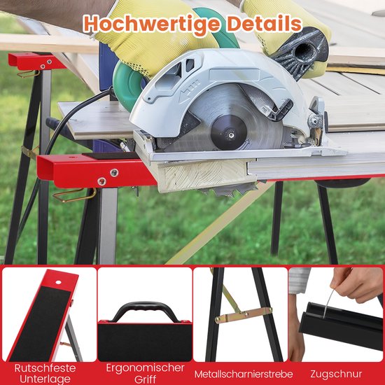 COSTWAY Zaagblokken, set van 2, inklapbare werkbokken, van metaal, tot 375 kg belastbaar, zaagbok met antislip bovenkant en scharnierclip, steiger met draaggreep voor houtbewerking van Merkloos	 — afbeelding 2
