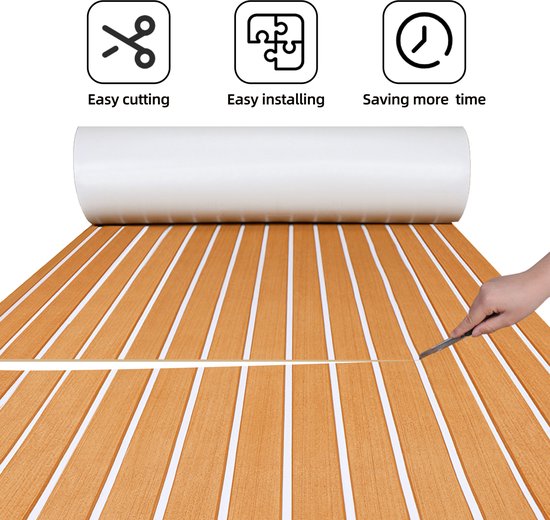 Tapis de Pont EVA Teak Foam Pro Series – Revêtement de Pont Premium Autocollant – Pont de Bateau Antidérapant – 240x60 cm – Brun Clair avec Lignes Witte – TeakFoamShop