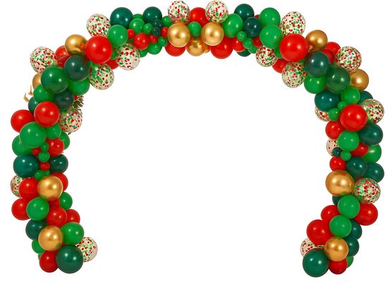 Arche de ballons de Noël rouges, vertes, dorées et à confettis sur fond blanc.