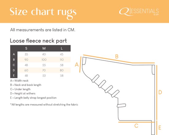 Maattabel voor losse fleece nekdelen van QHP Essentials. Afmetingen in cm.