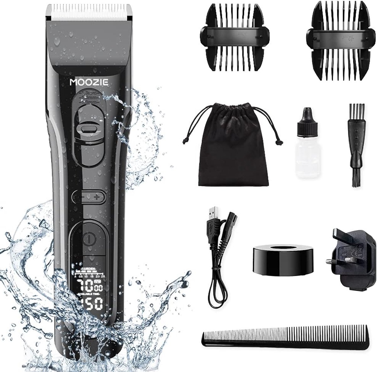 Professionele tondeuse voor mannen en kinderen, draadloze oplaadbare haartrimmer, baardtrimmer, elektrische trimmer, professionele haarknipset, met hoogwaardig keramisch mes, oplaadstation en LED-display van Moozie