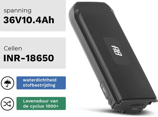Zwarte fietsbatterij, 36V 10.4Ah, cellen INR-18650, waterdicht, stofdicht, levensduur 1000+ cycli.