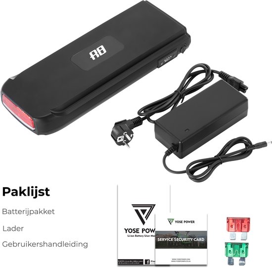 Zwarte fietsbatterij, oplader, gebruikershandleiding en service security card.