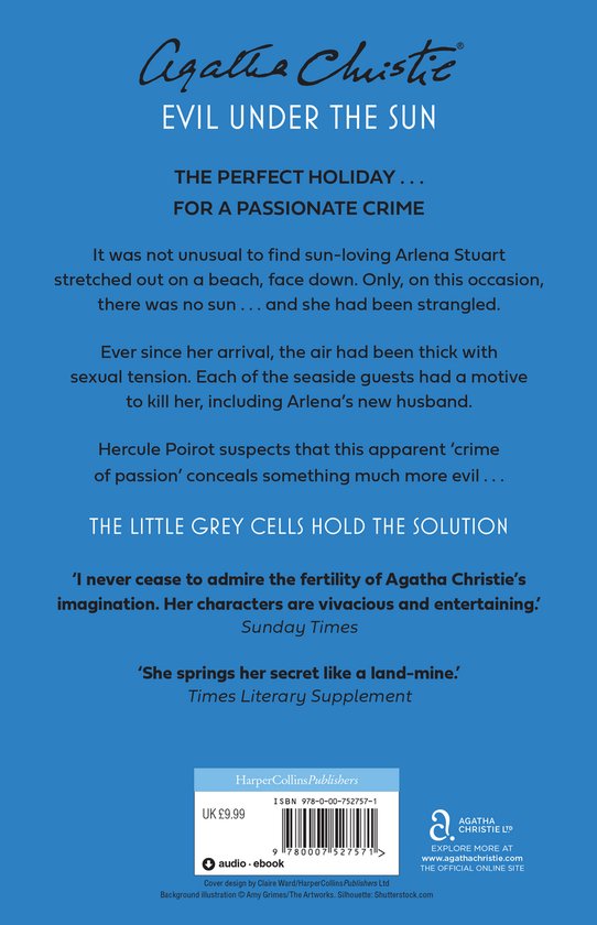 Achterkant van het boek 'Evil Under The Sun' van Agatha Christie met tekst en ISBN.