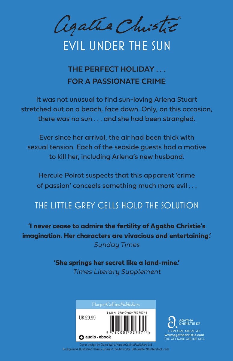 Achterkant van het boek 'Evil Under The Sun' van Agatha Christie met tekst en ISBN.