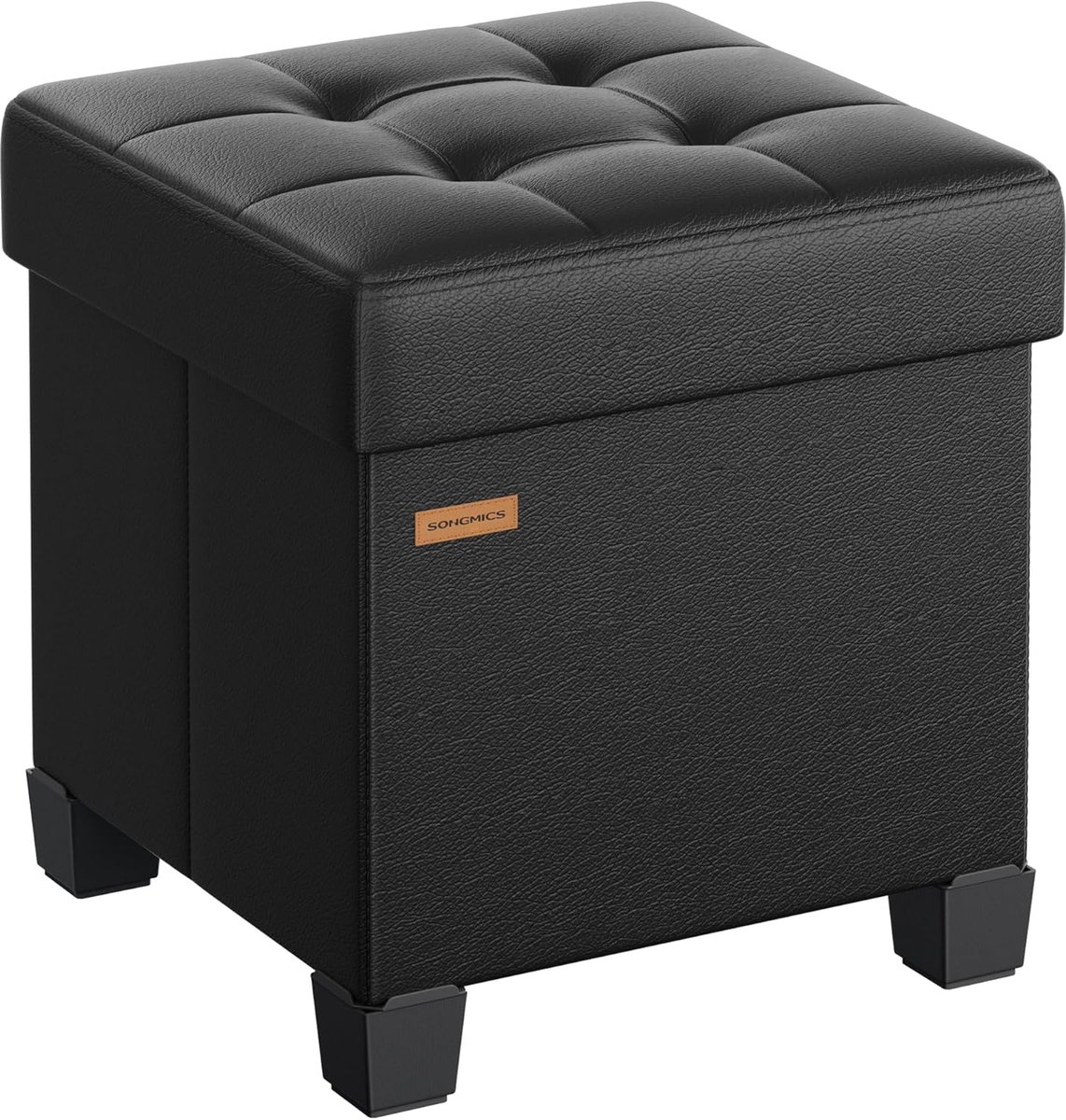 SONGMICS - poef met opbergruimte - met poten - voetenbank - hocker - 38 x 38 x 40 cm - 37 liter - PU leer - zwart