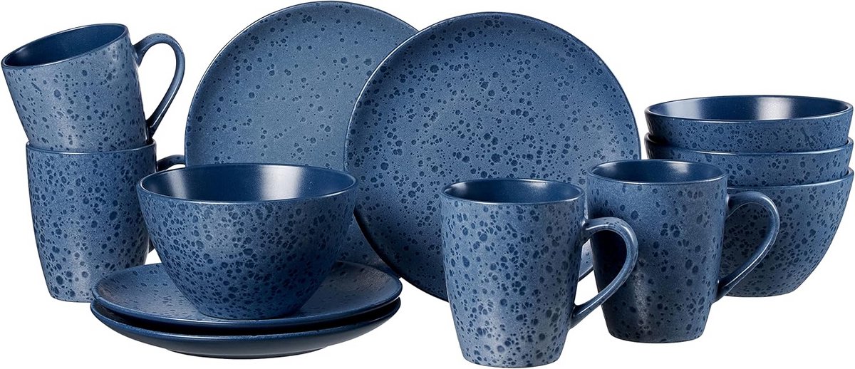 12-delig blauw ontbijtservies - vaatwasmachinebestendig aardewerk