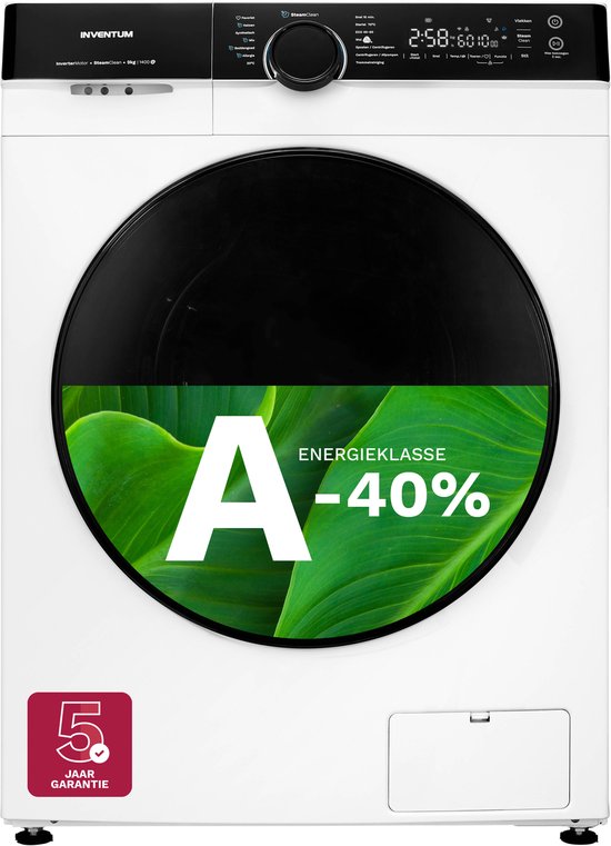Inventum VWM9010W wasmachine 9 kg 1400 toeren energieklasse A-40% SteamClean stil functie wit zwart
