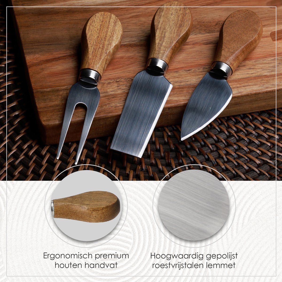 Kaasplankje met Messen – Bamboe Kaasplank met 3 Kaasmessen – Serveerset Houten Plank 42x15,5x1,5 cm voor Kaas, Borrel & Tapas — cadeau in Kookcadeaus - foto 7