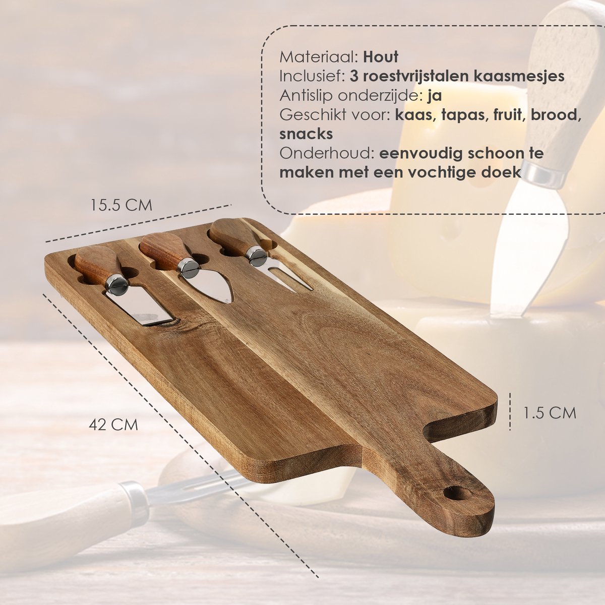 Kaasplankje met Messen – Bamboe Kaasplank met 3 Kaasmessen – Serveerset Houten Plank 42x15,5x1,5 cm voor Kaas, Borrel & Tapas — cadeau in Kookcadeaus - foto 3
