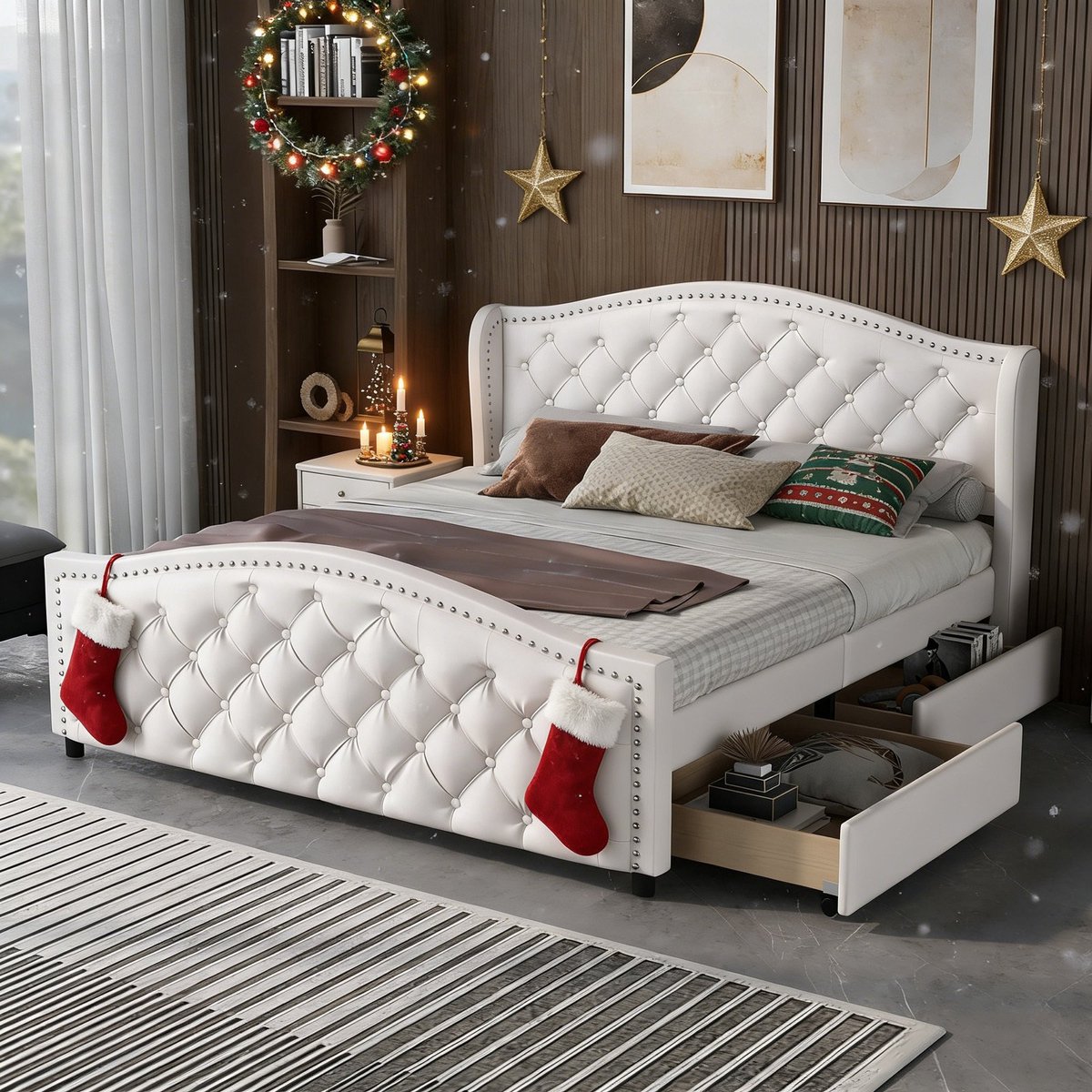 MODFU Chesterfield bed 160x200 cm – Geknoopt hoofdeinde – 2 lades – Witter PU – Incl. lattenbodem